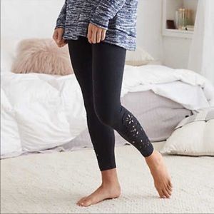 Aerie black leggings w laser cutout detail bottom